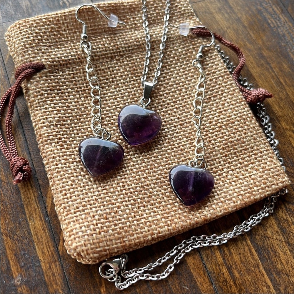 Deep Purple Amethyst Heart Necklace Amethyst Earrings Crystal Necklace